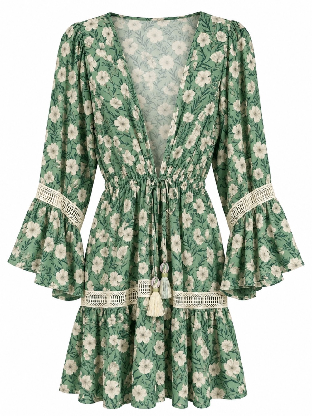 Palmacea green floral print bell sleeve embroidered tasseled beach coverup XS